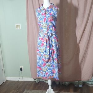 London Times Blue and Red Floral Midi Dress